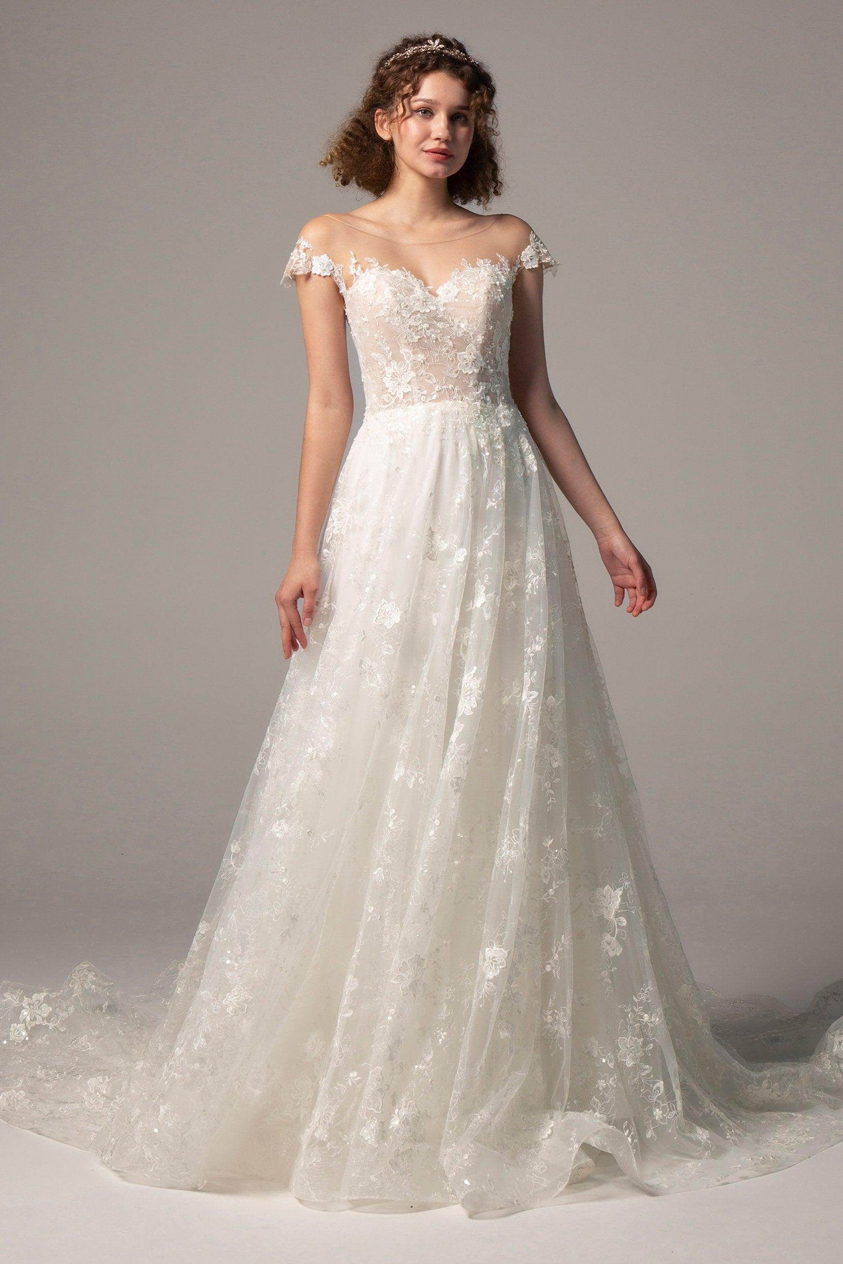 A-Line Court Train Lace Knitted Fabric Wedding Dress CW2356 - COCOMELODY